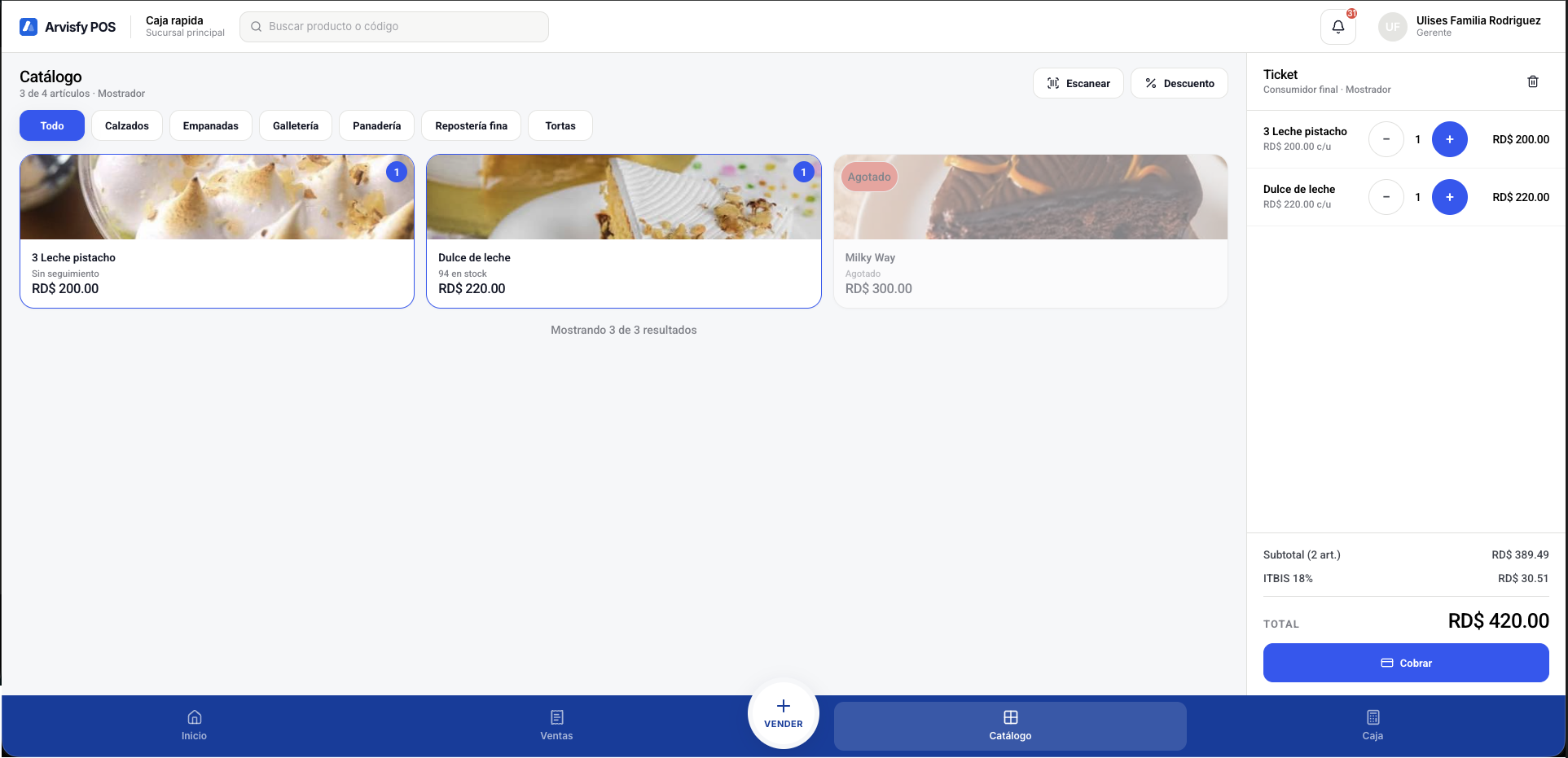 Vista de demostración del punto de venta de Arvisfy con datos de prueba